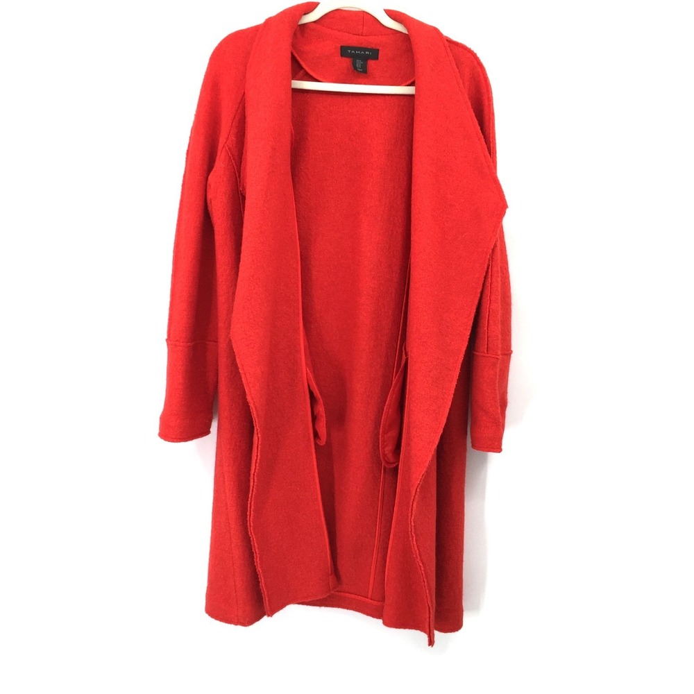 Tahari Bright red long sleeve open front wool blend trench coat long jacket M